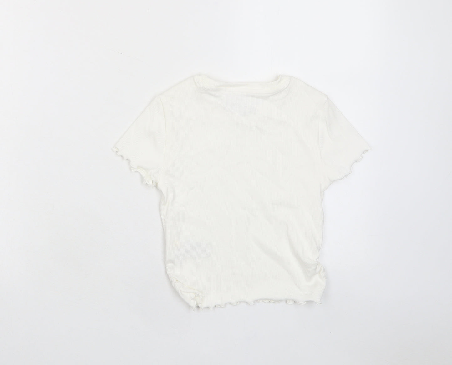 Marks and Spencer Girls White Cotton Basic T-Shirt Size 6-7 Years Crew Neck Pullover - Lettuce Edging