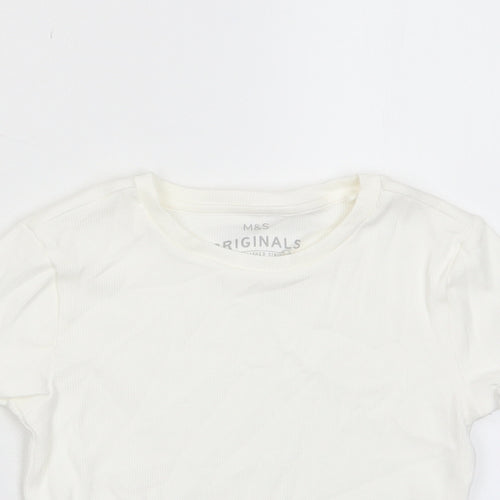 Marks and Spencer Girls White Cotton Basic T-Shirt Size 6-7 Years Crew Neck Pullover - Lettuce Edging
