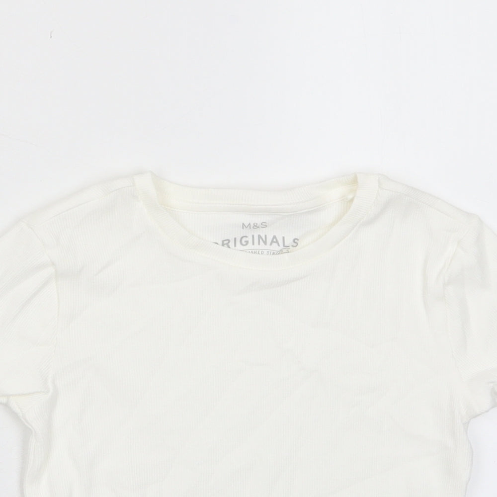 Marks and Spencer Girls White Cotton Basic T-Shirt Size 6-7 Years Crew Neck Pullover - Lettuce Edging