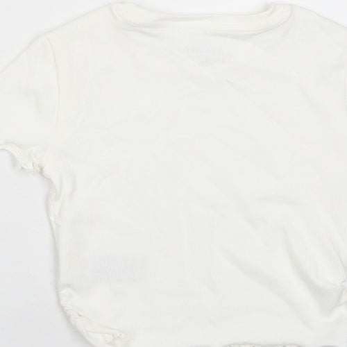Marks and Spencer Girls White Cotton Basic T-Shirt Size 6-7 Years Crew Neck Pullover - Lettuce Edging