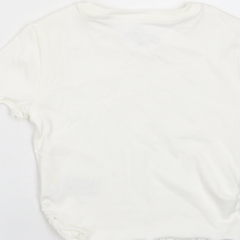 Marks and Spencer Girls White Cotton Basic T-Shirt Size 6-7 Years Crew Neck Pullover - Lettuce Edging