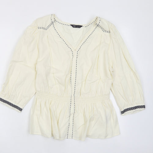 Marks and Spencer Womens Ivory Cotton Basic Blouse Size 16 V-Neck - Embroided