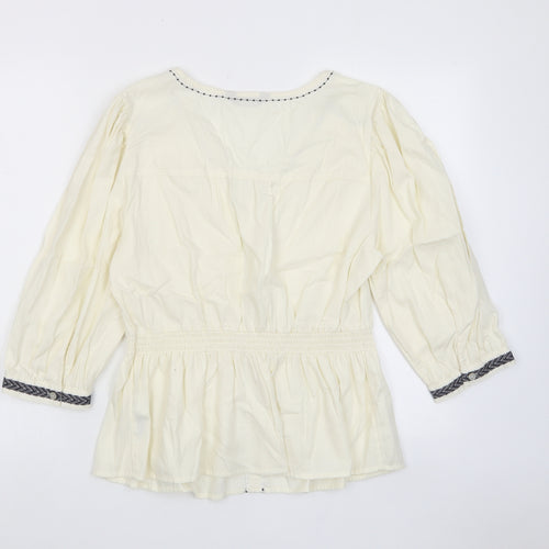 Marks and Spencer Womens Ivory Cotton Basic Blouse Size 16 V-Neck - Embroided