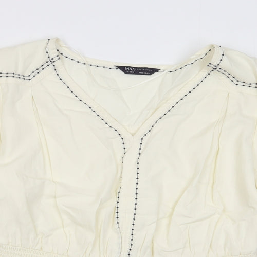 Marks and Spencer Womens Ivory Cotton Basic Blouse Size 16 V-Neck - Embroided