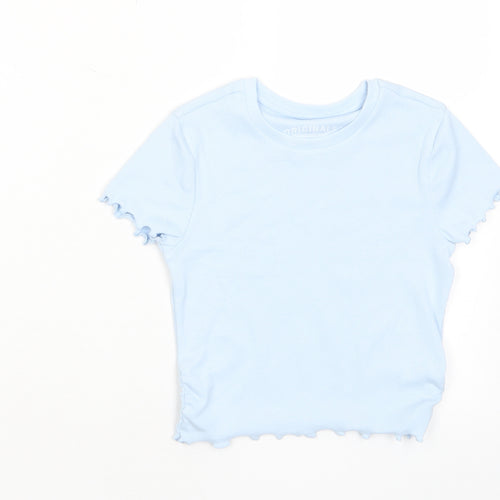 Marks and Spencer Girls Blue Cotton Basic T-Shirt Size 6-7 Years Crew Neck Pullover - Lettuce Edging