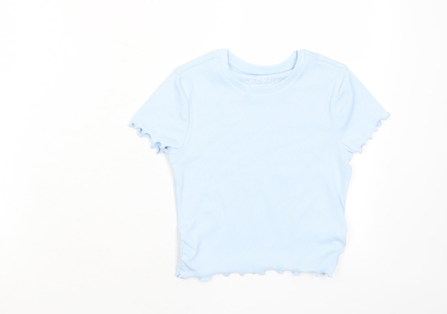 Marks and Spencer Girls Blue Cotton Basic T-Shirt Size 6-7 Years Crew Neck Pullover - Lettuce Edging