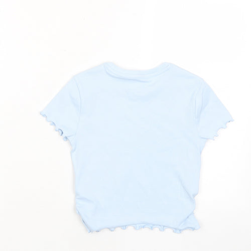Marks and Spencer Girls Blue Cotton Basic T-Shirt Size 6-7 Years Crew Neck Pullover - Lettuce Edging