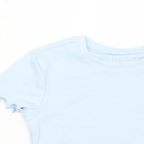 Marks and Spencer Girls Blue Cotton Basic T-Shirt Size 6-7 Years Crew Neck Pullover - Lettuce Edging