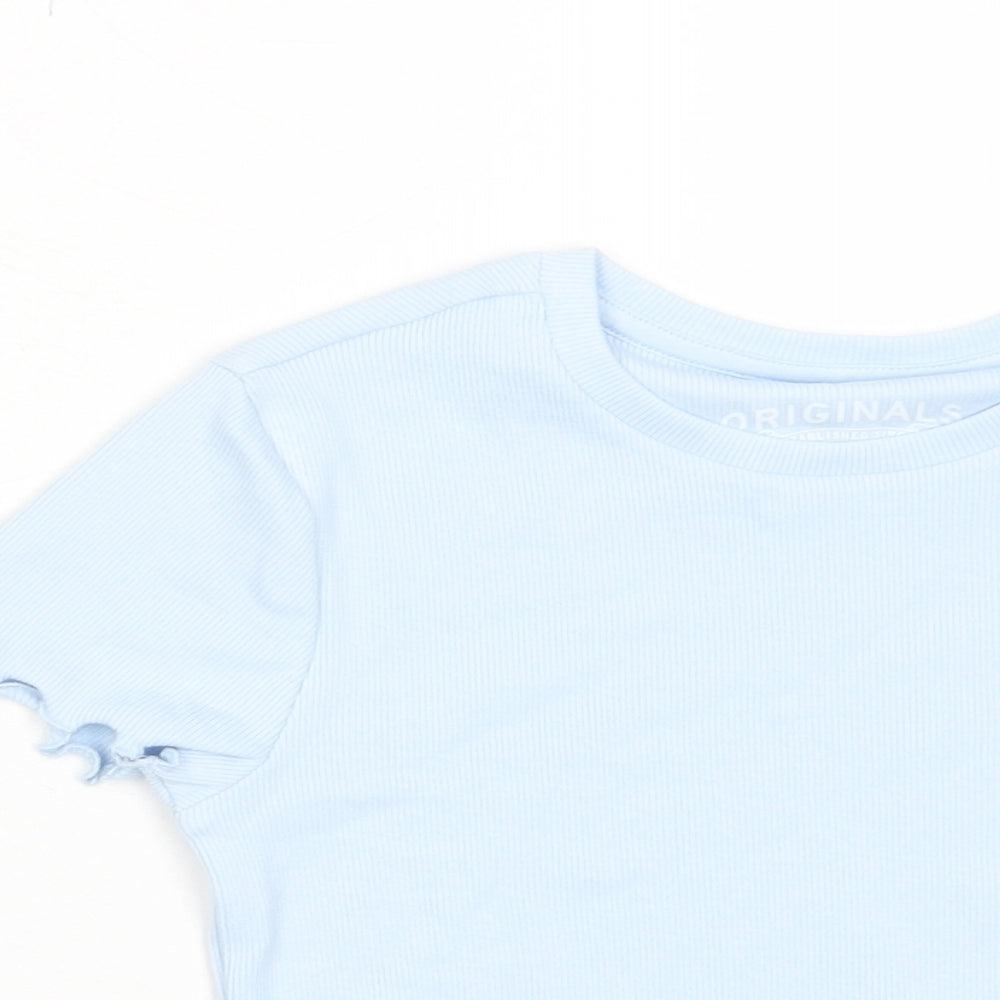 Marks and Spencer Girls Blue Cotton Basic T-Shirt Size 6-7 Years Crew Neck Pullover - Lettuce Edging