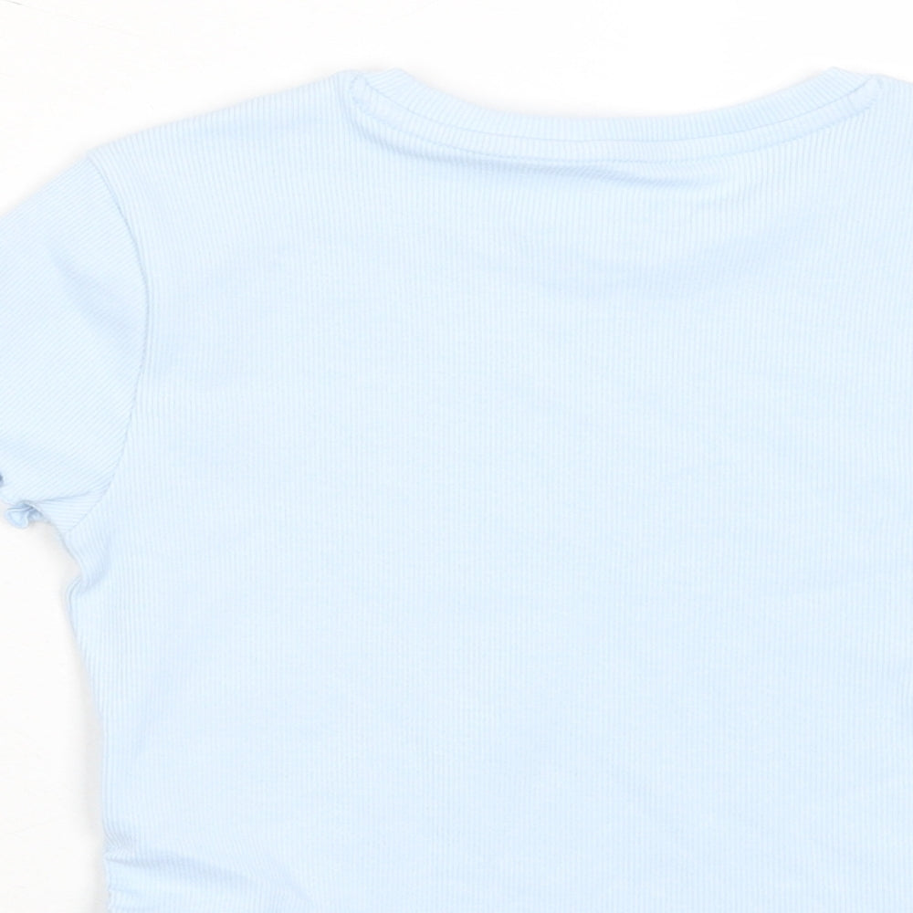 Marks and Spencer Girls Blue Cotton Basic T-Shirt Size 6-7 Years Crew Neck Pullover - Lettuce Edging