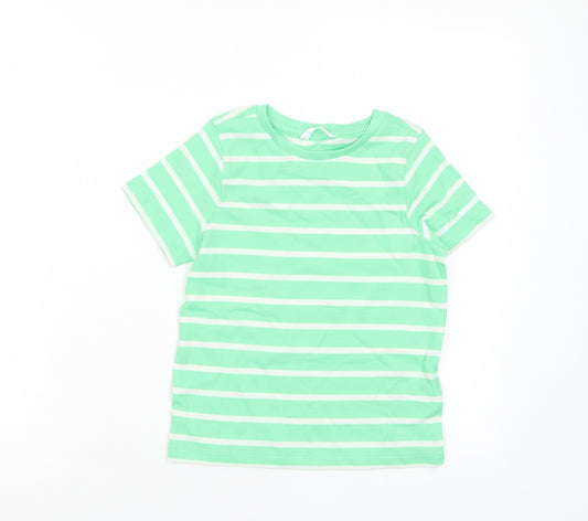 Marks and Spencer Boys Green Striped Cotton Basic T-Shirt Size 6-7 Years Crew Neck Pullover