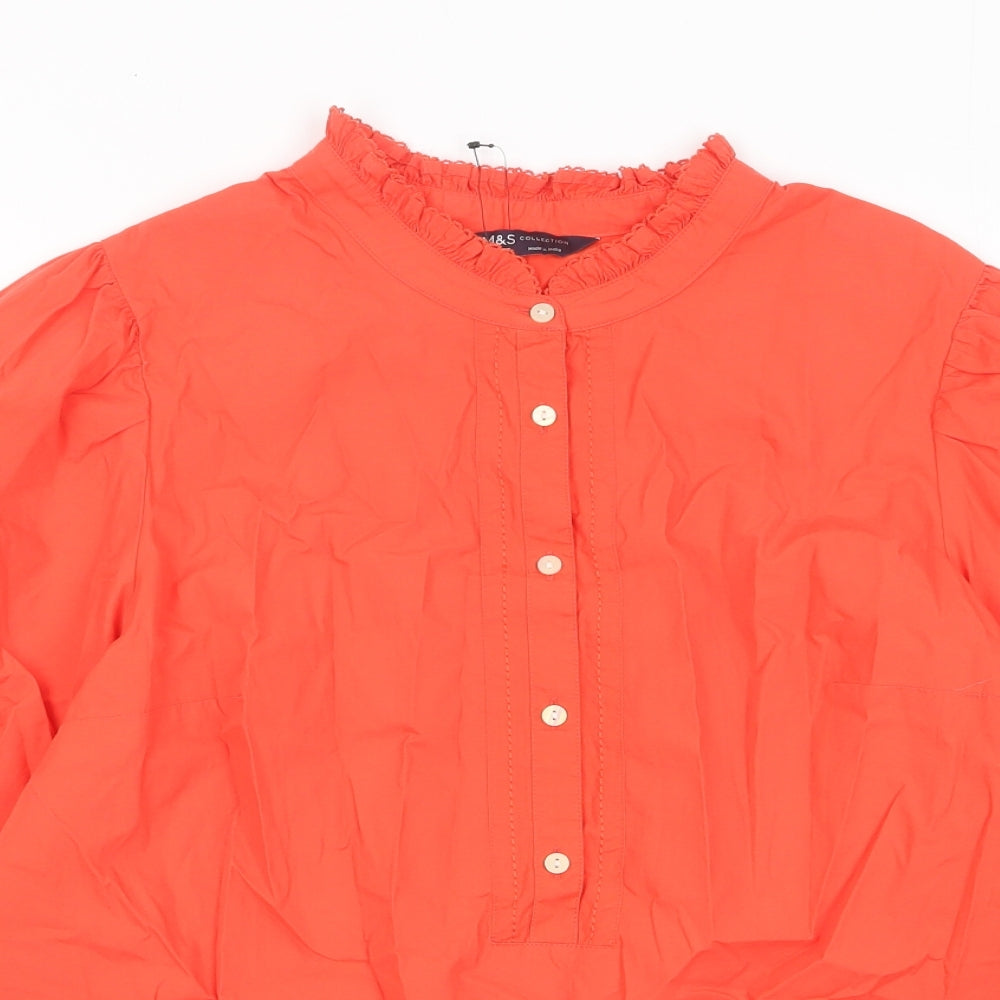 Marks and Spencer Womens Red Cotton Basic Blouse Size 16 Crew Neck - Pleated