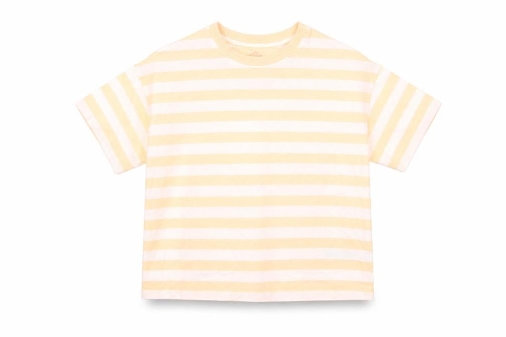 Front view of Marks & Spencer boys’ orange striped cotton basic t-shirt, size 8-9, years roll neck pullover