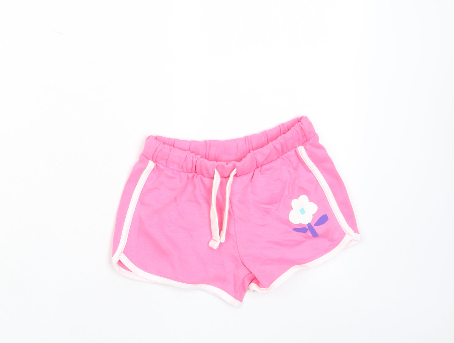 Marks and Spencer Girls Pink Cotton Sweat Shorts Size 5-6 Years Regular Drawstring - Flower