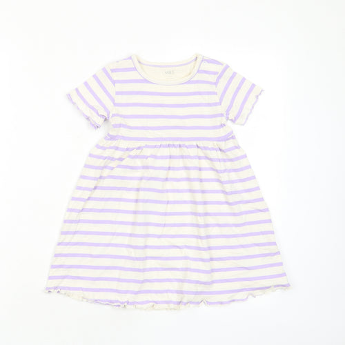 Marks and Spencer Girls Purple Striped Cotton A-Line Size 2-3 Years Crew Neck Button