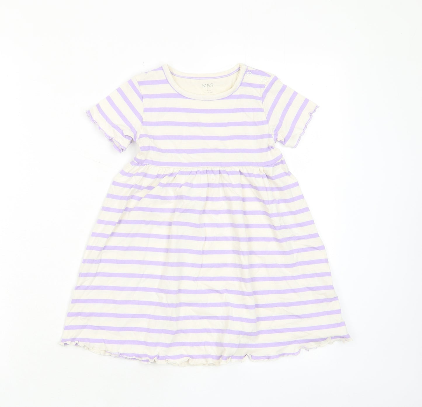 Marks and Spencer Girls Purple Striped Cotton A-Line Size 2-3 Years Crew Neck Button