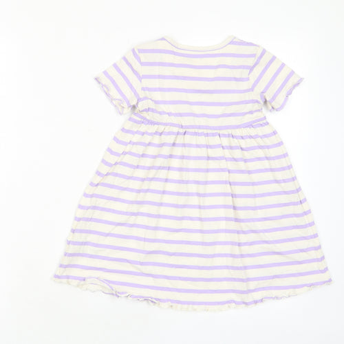 Marks and Spencer Girls Purple Striped Cotton A-Line Size 2-3 Years Crew Neck Button