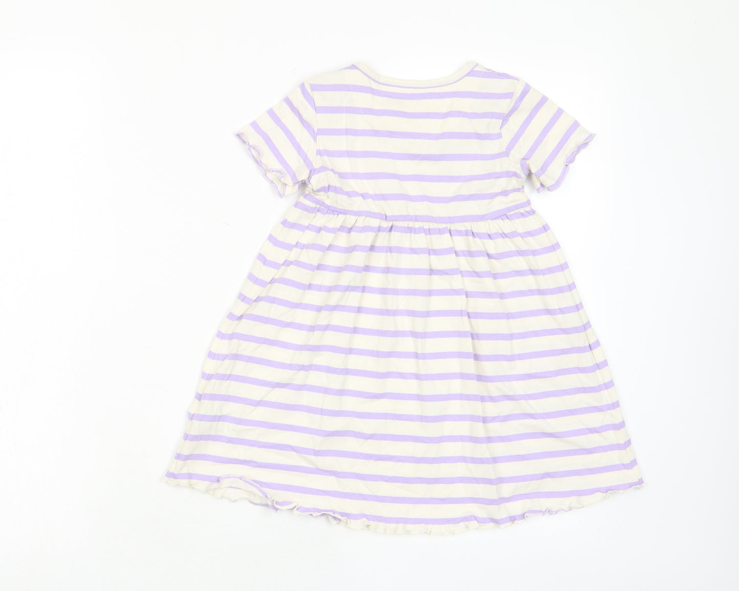 Marks and Spencer Girls Purple Striped Cotton A-Line Size 2-3 Years Crew Neck Button