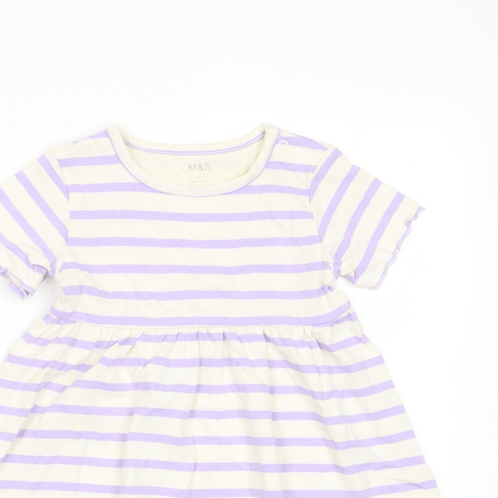 Marks and Spencer Girls Purple Striped Cotton A-Line Size 2-3 Years Crew Neck Button