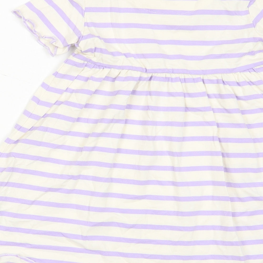 Marks and Spencer Girls Purple Striped Cotton A-Line Size 2-3 Years Crew Neck Button