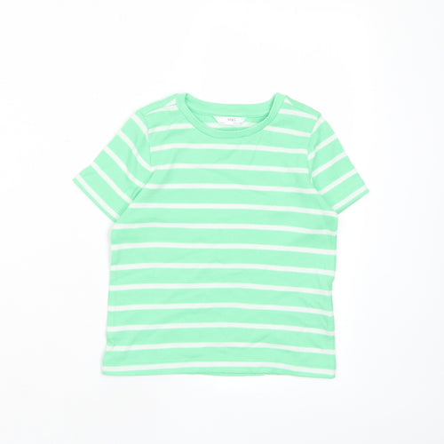 Marks and Spencer Boys Green Striped Cotton Basic T-Shirt Size 3-4 Years Crew Neck Pullover