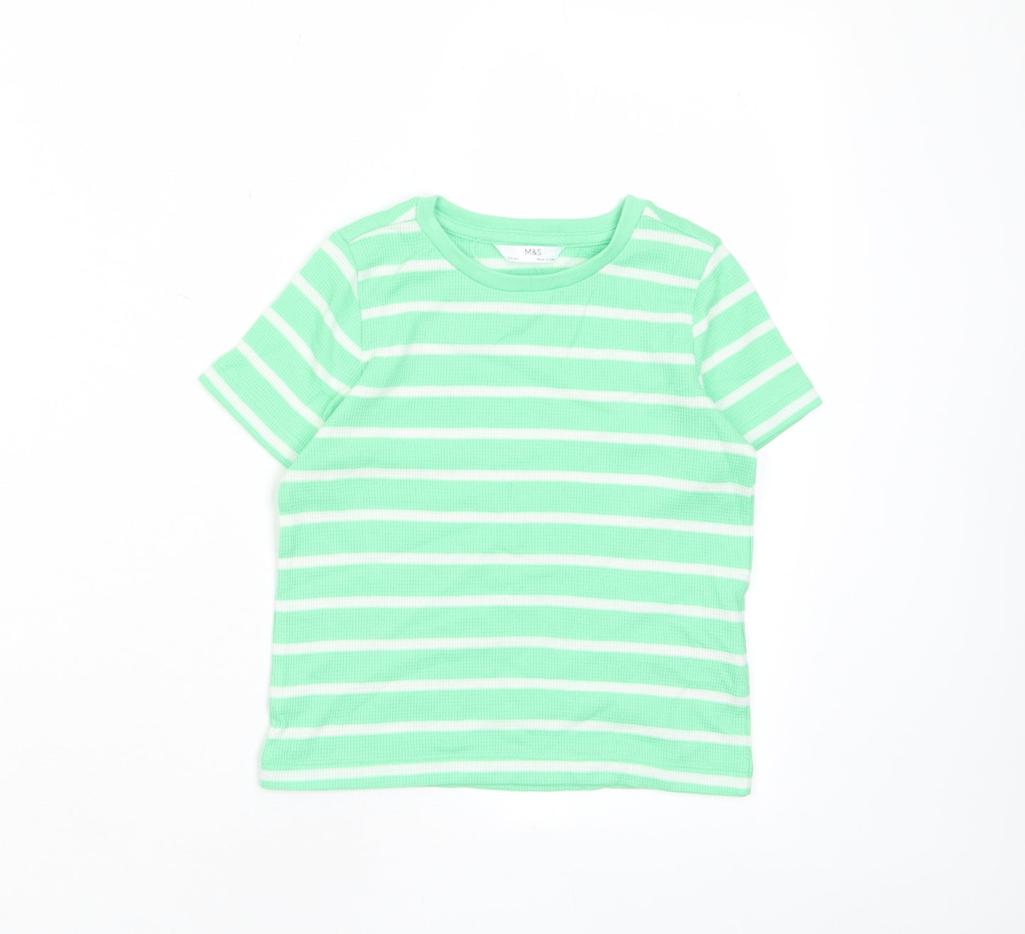 Marks and Spencer Boys Green Striped Cotton Basic T-Shirt Size 3-4 Years Crew Neck Pullover