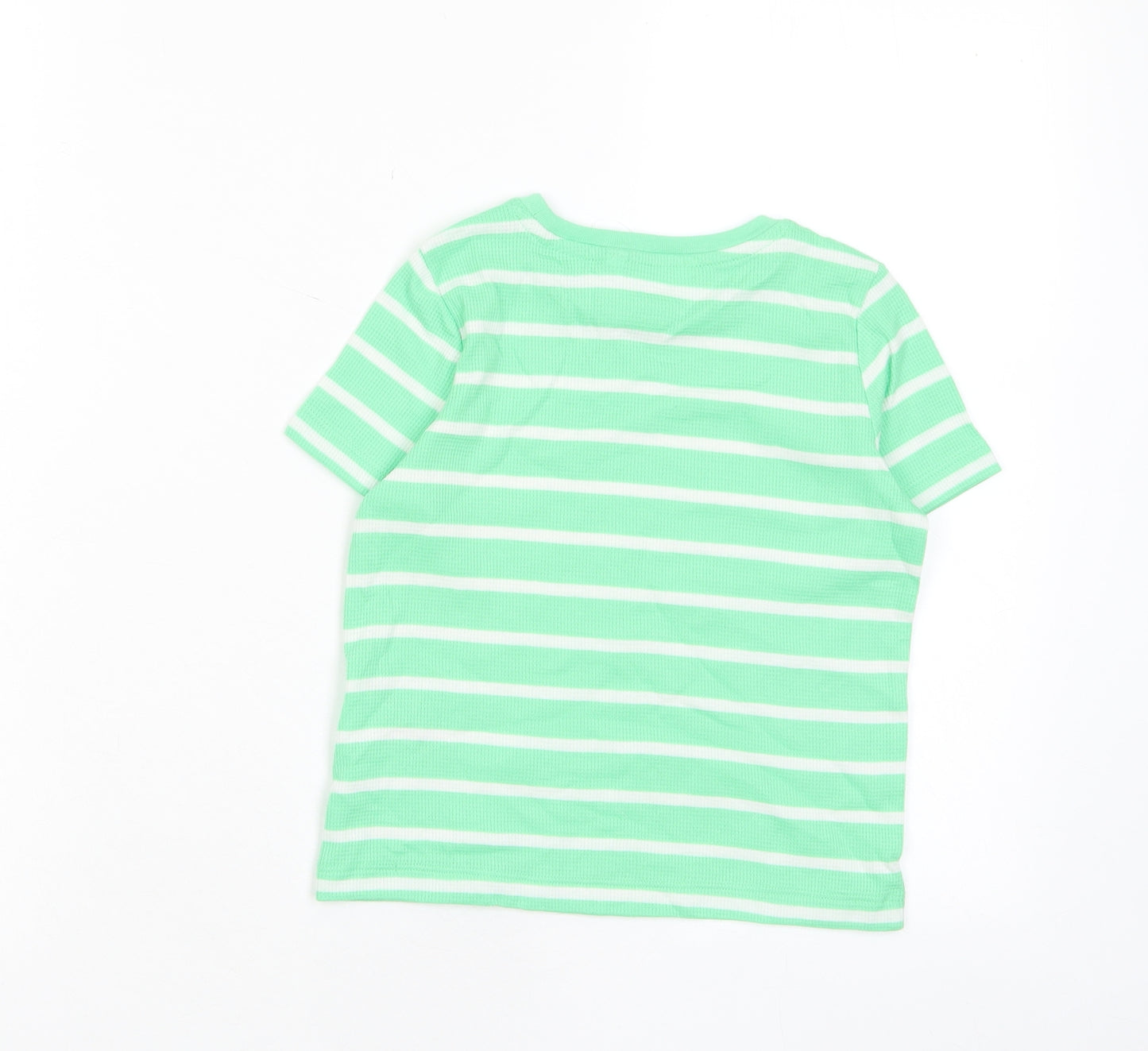 Marks and Spencer Boys Green Striped Cotton Basic T-Shirt Size 3-4 Years Crew Neck Pullover