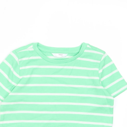 Marks and Spencer Boys Green Striped Cotton Basic T-Shirt Size 3-4 Years Crew Neck Pullover