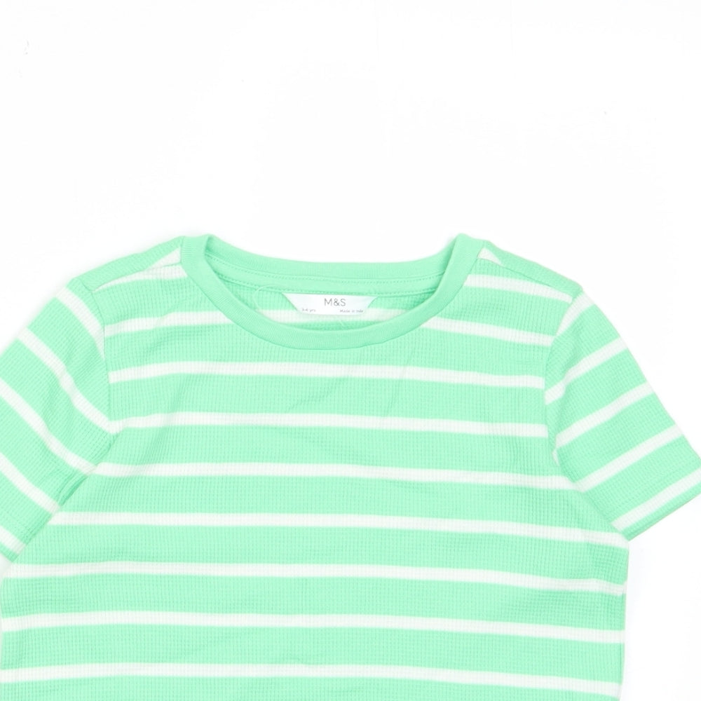 Marks and Spencer Boys Green Striped Cotton Basic T-Shirt Size 3-4 Years Crew Neck Pullover