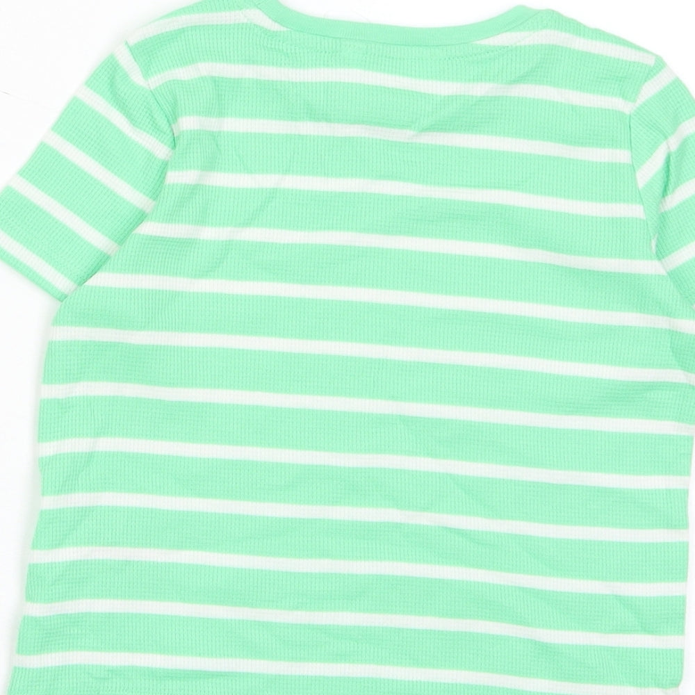 Marks and Spencer Boys Green Striped Cotton Basic T-Shirt Size 3-4 Years Crew Neck Pullover