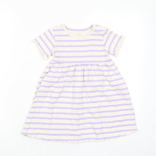 Marks and Spencer Girls Purple Striped Cotton A-Line Size 2-3 Years Crew Neck Button - Lettuce Edging