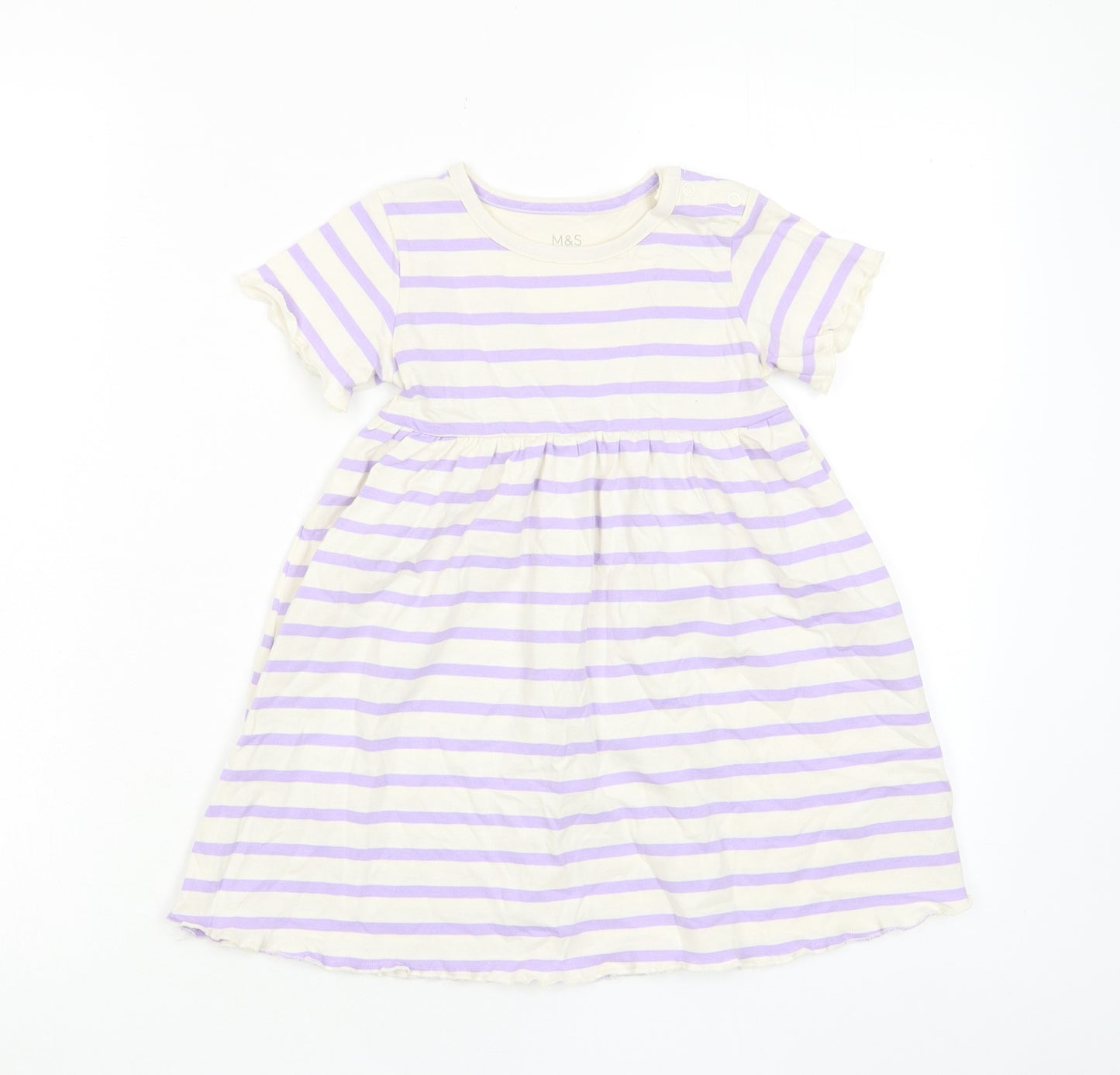 Marks and Spencer Girls Purple Striped Cotton A-Line Size 2-3 Years Crew Neck Button - Lettuce Edging