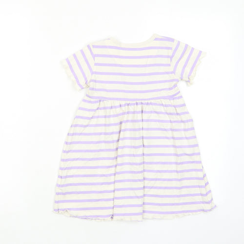 Marks and Spencer Girls Purple Striped Cotton A-Line Size 2-3 Years Crew Neck Button - Lettuce Edging