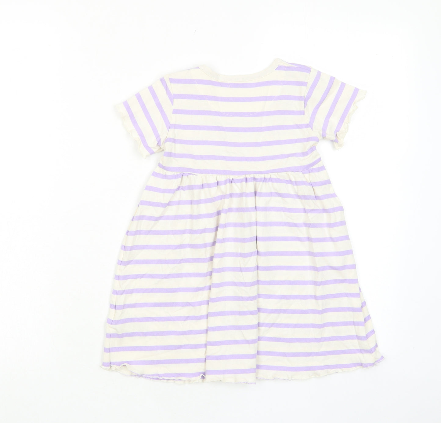 Marks and Spencer Girls Purple Striped Cotton A-Line Size 2-3 Years Crew Neck Button - Lettuce Edging