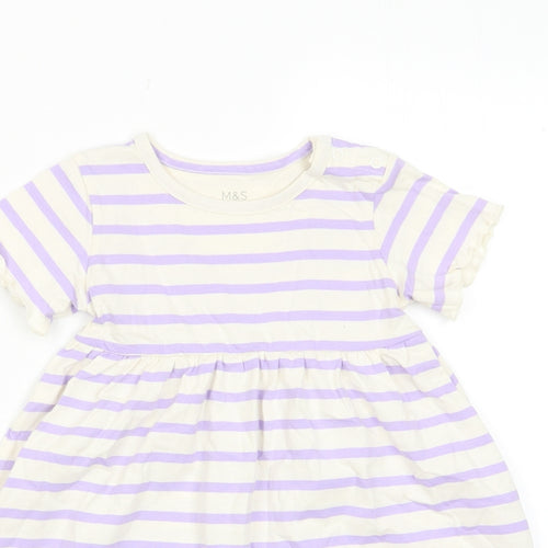 Marks and Spencer Girls Purple Striped Cotton A-Line Size 2-3 Years Crew Neck Button - Lettuce Edging