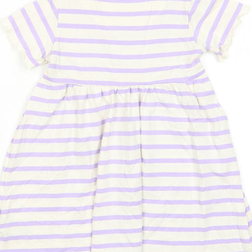 Marks and Spencer Girls Purple Striped Cotton A-Line Size 2-3 Years Crew Neck Button - Lettuce Edging