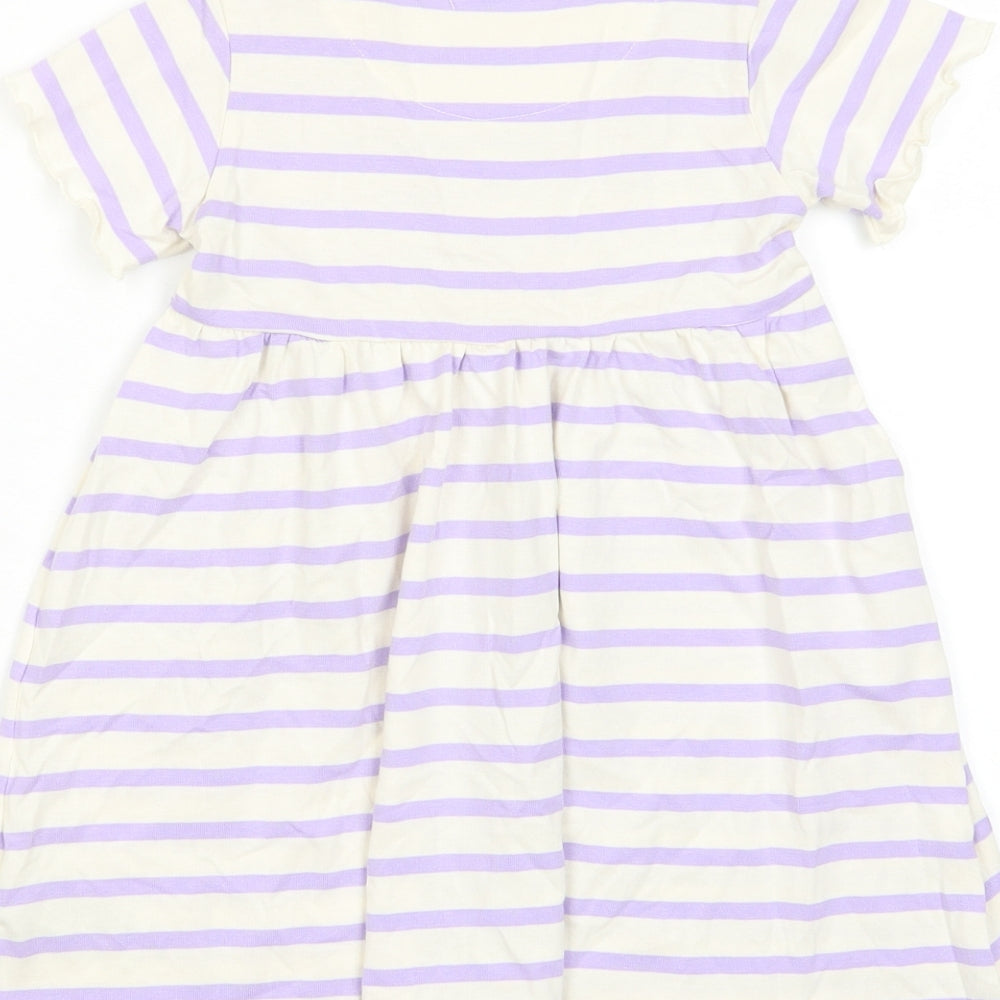 Marks and Spencer Girls Purple Striped Cotton A-Line Size 2-3 Years Crew Neck Button - Lettuce Edging