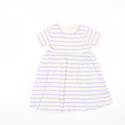 Marks and Spencer Girls Purple Striped Cotton A-Line Size 2-3 Years Crew Neck Button