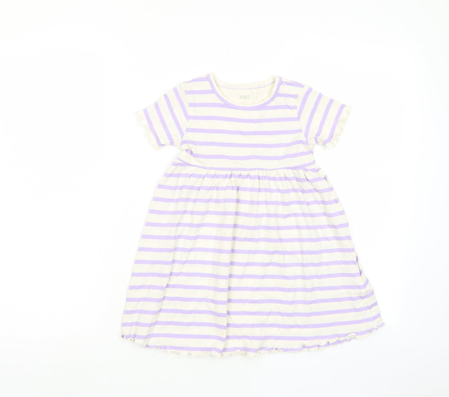 Marks and Spencer Girls Purple Striped Cotton A-Line Size 2-3 Years Crew Neck Button