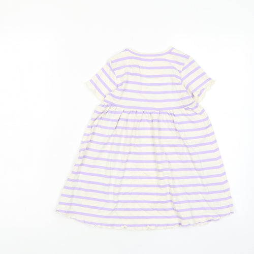 Marks and Spencer Girls Purple Striped Cotton A-Line Size 2-3 Years Crew Neck Button