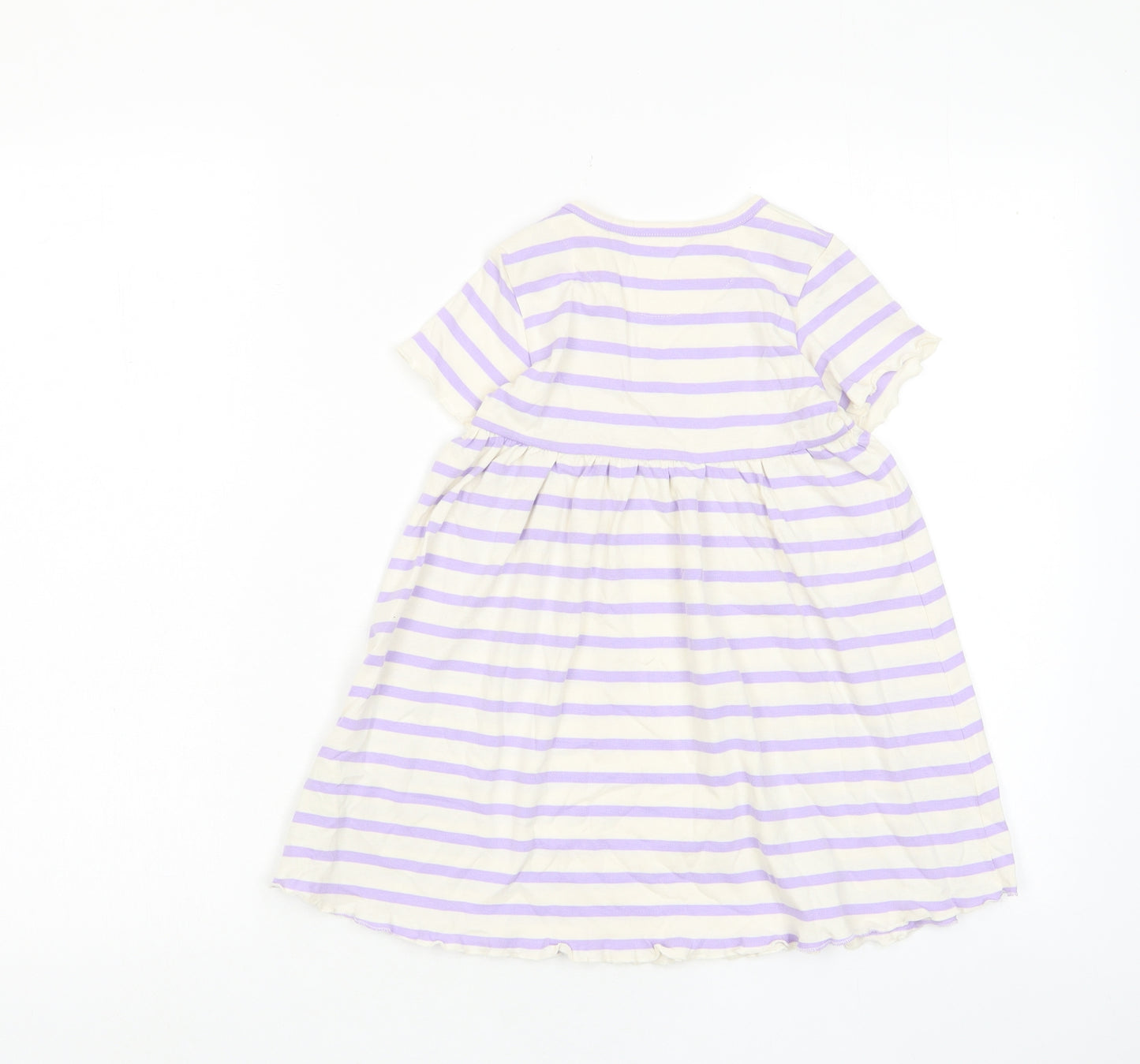 Marks and Spencer Girls Purple Striped Cotton A-Line Size 2-3 Years Crew Neck Button