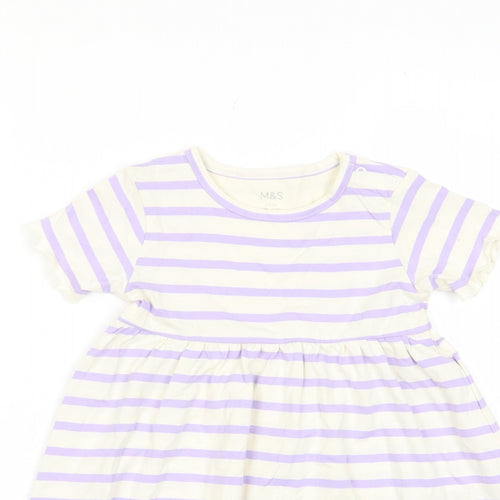 Marks and Spencer Girls Purple Striped Cotton A-Line Size 2-3 Years Crew Neck Button