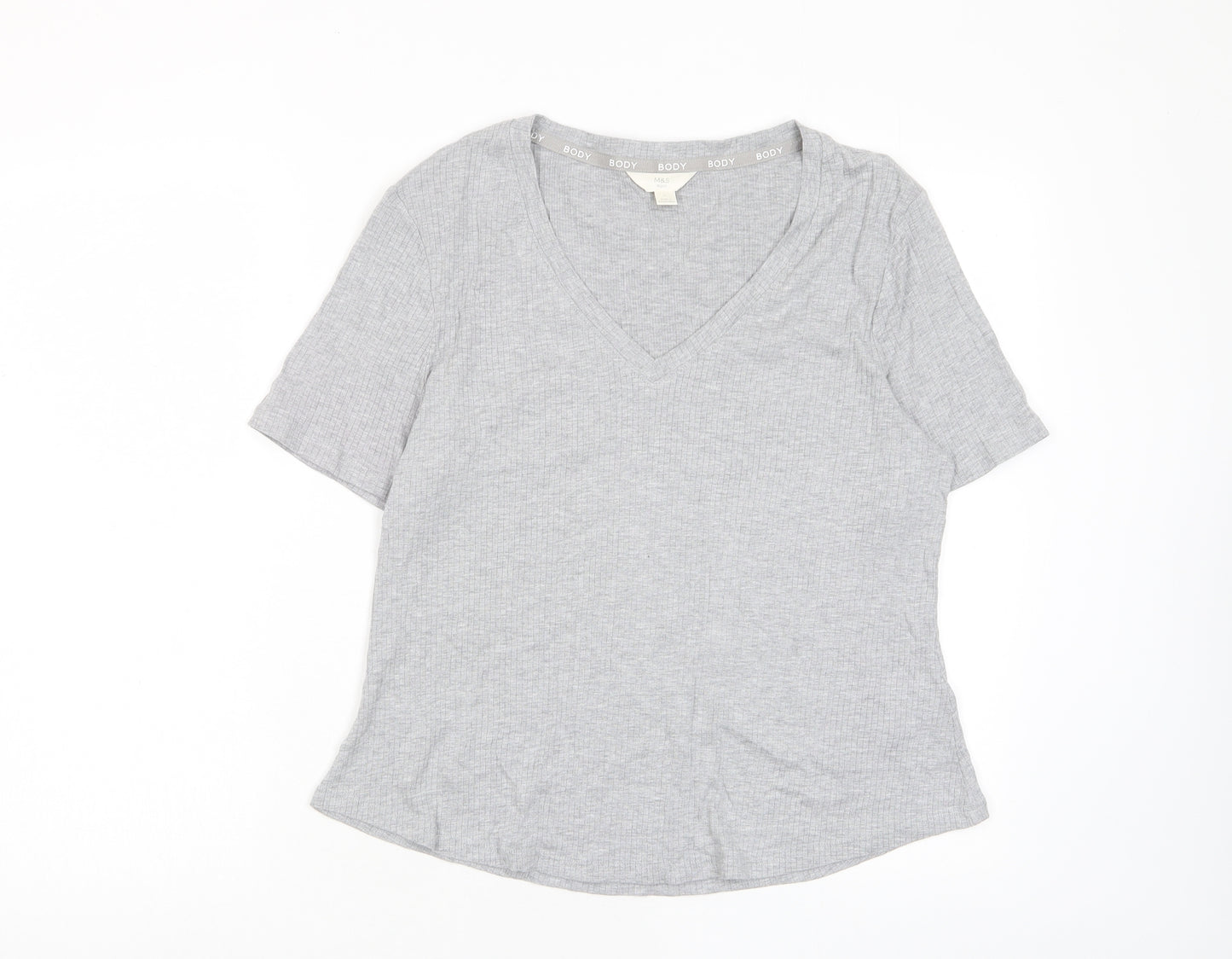 Marks and Spencer Womens Grey Cotton Basic T-Shirt Size L V-Neck - Stretch