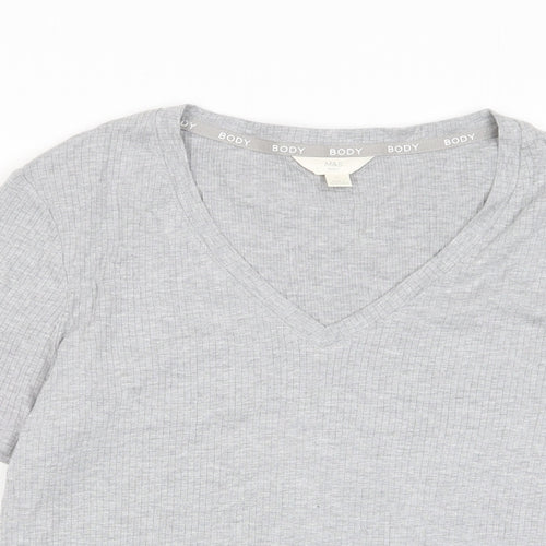 Marks and Spencer Womens Grey Cotton Basic T-Shirt Size L V-Neck - Stretch