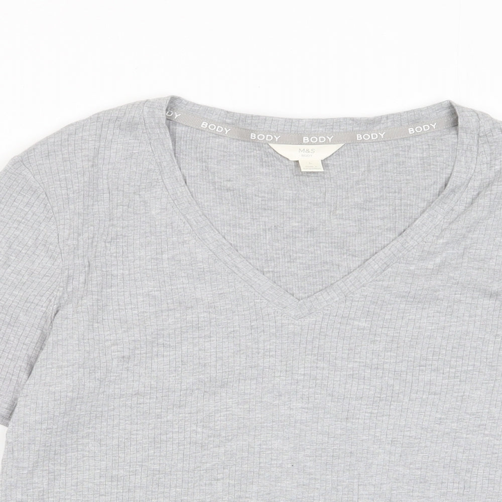 Marks and Spencer Womens Grey Cotton Basic T-Shirt Size L V-Neck - Stretch