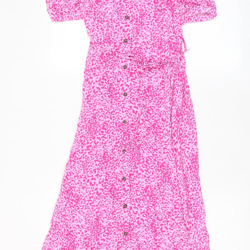 Marks and Spencer Womens Pink Geometric Viscose A-Line Size 10 Collared Button - Belted