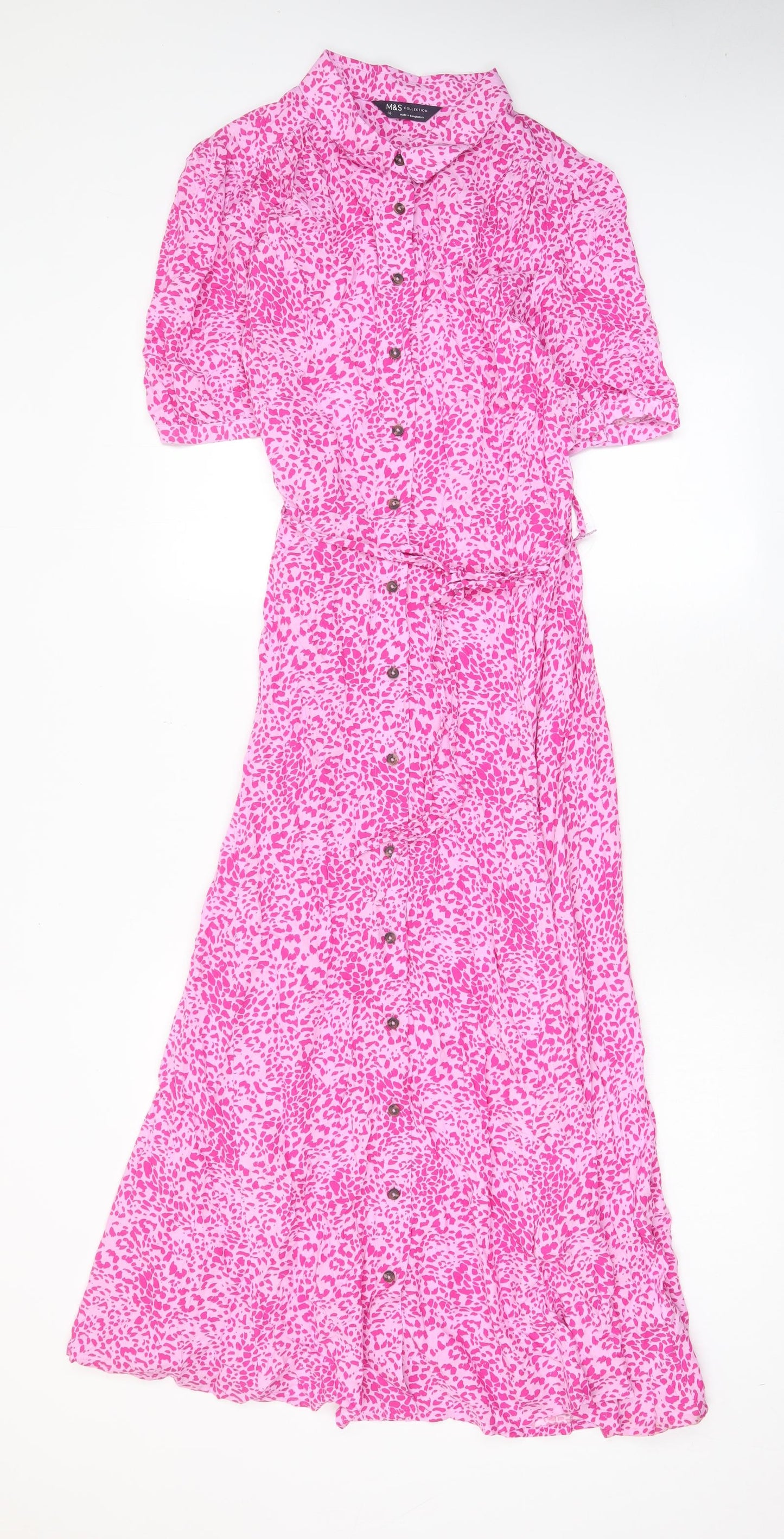 Marks and Spencer Womens Pink Geometric Viscose A-Line Size 10 Collared Button - Belted