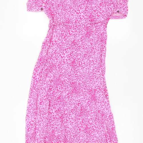 Marks and Spencer Womens Pink Geometric Viscose A-Line Size 10 Collared Button - Belted