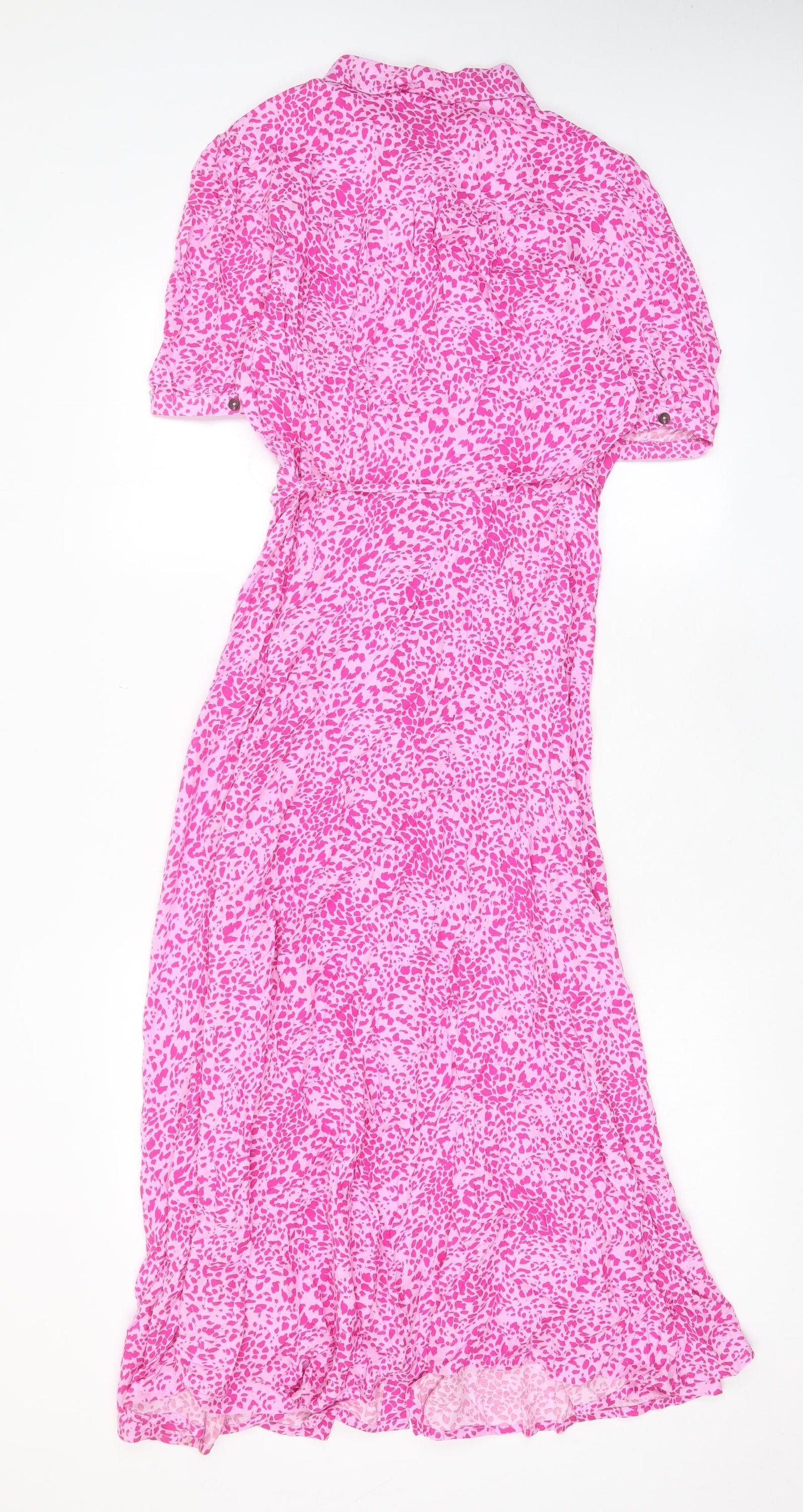 Marks and Spencer Womens Pink Geometric Viscose A-Line Size 10 Collared Button - Belted