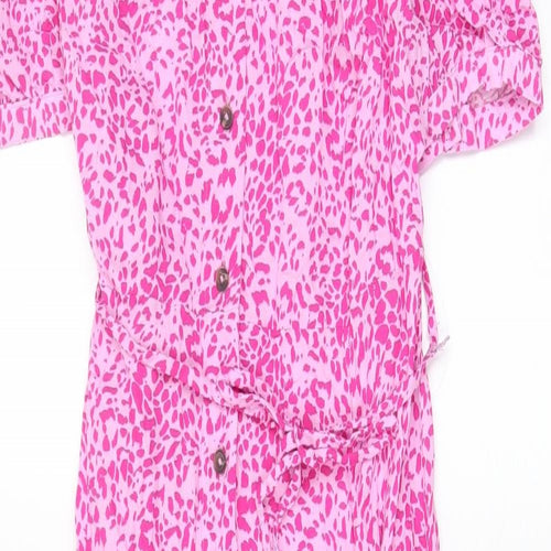 Marks and Spencer Womens Pink Geometric Viscose A-Line Size 10 Collared Button - Belted